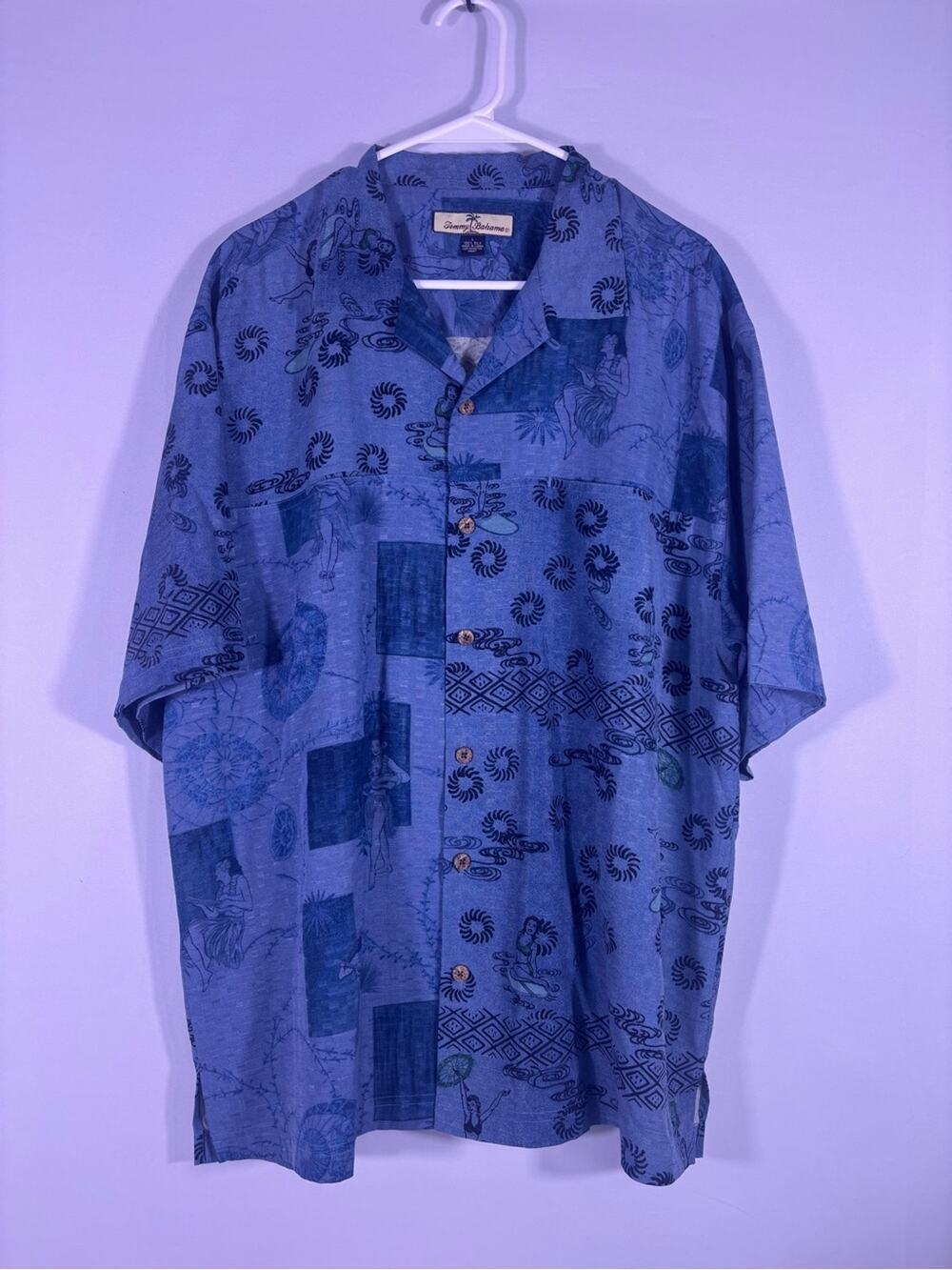 Tommy Bahama Men’s Silk Hawaiian Camp Shirt Blue Hula Girl Print Large 0351